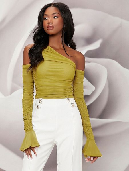 

newness asymmetrical shoulder flounce sleeve ruched tee l75y#, White