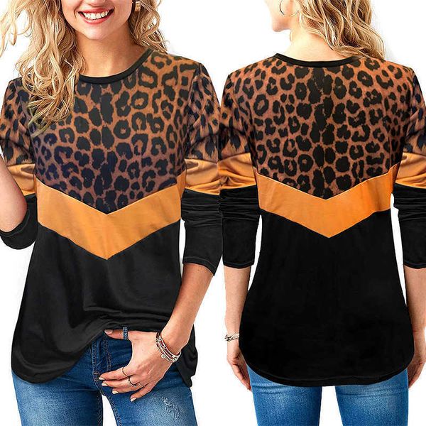 

women leopard long sleeve tshirt multicolor panelled loose o-neck autumn tees ladies pullover top, White
