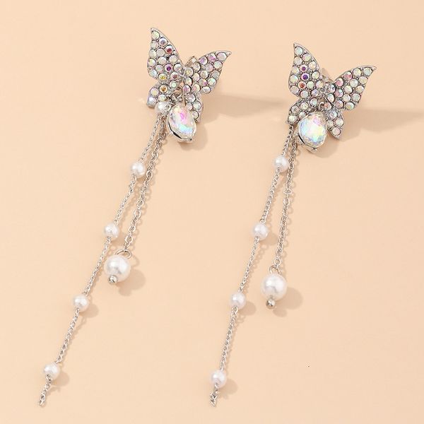 

ez2924 jewelry super fairy temperament butterfly full diamond long pearl tassel cool wind earrings, Silver
