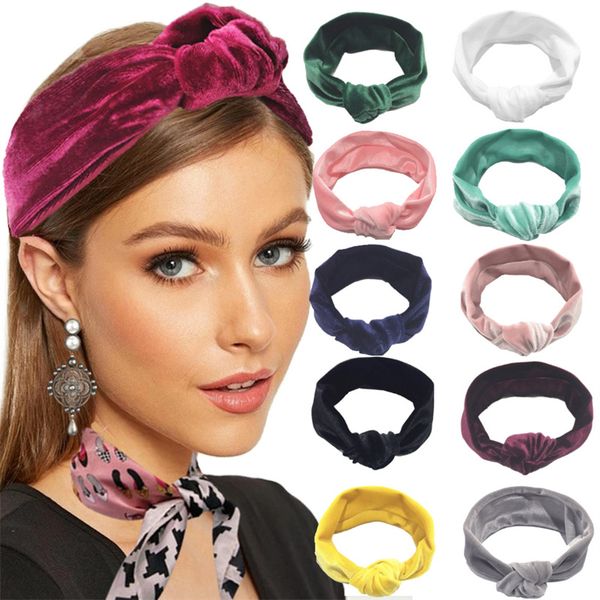 Katı Renk Altın Kadife Çapraz Streç Kumaş Kadın Kız Bandı Saç Aksesuarları Başlık Türban Bandaj Şapkalar 20 adet