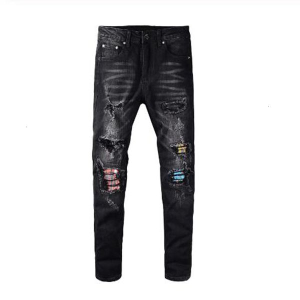 

men's fashion pleated patchwork ripped black jeans trendy streetwear holes stretch denim pants ddjf, Blue
