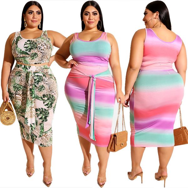 

2021 new summer casual style 2 piece set womentight fitting bag hips printed skirt mid-calf length short vest sleeveless plus size zxal, White