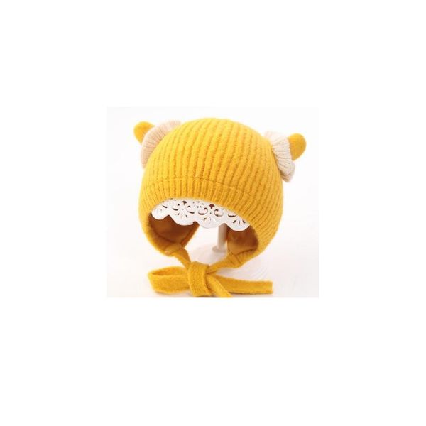 

winter children woolen cap light solid color court hat knitted hats baby kids wool cap lace band princess earmu jllaum, Yellow