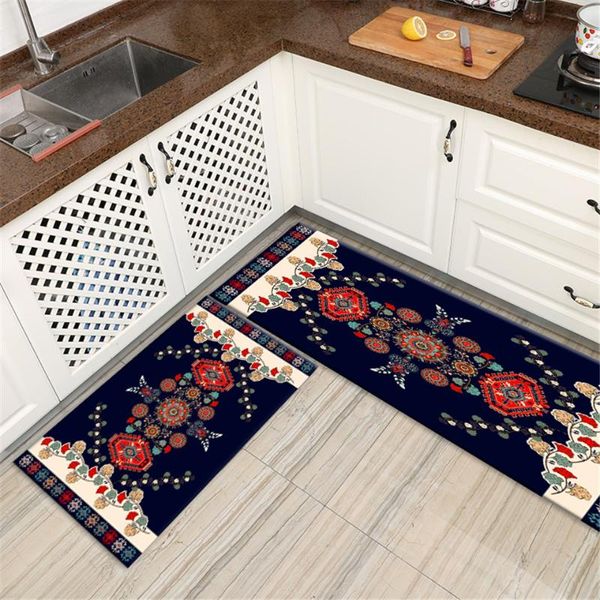 

retro geometric flower ethnic mat kitchen tatami balcony floor mat anti-slip toilet absorbent long bedroom washable