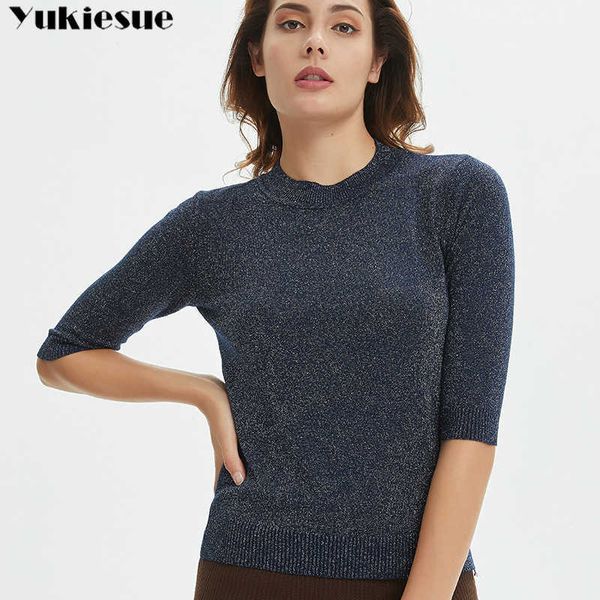 

summer glitter t shirt women knitted casual short sleeves op o-neck shiny shirt slim kintwear female basic -shirt 210608, White
