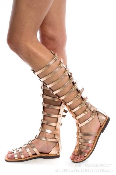 

sandals 2021 women's summer open toe high cylinder hollow lace up flat bottom belt buckle boots roman cool, Black