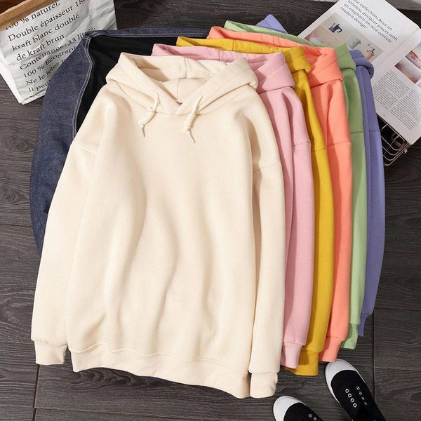 

plus velvet oversize hoodies women 2021 autumn winter female loose casual pullover hoodied solid color hoodies sweatshirts, Black