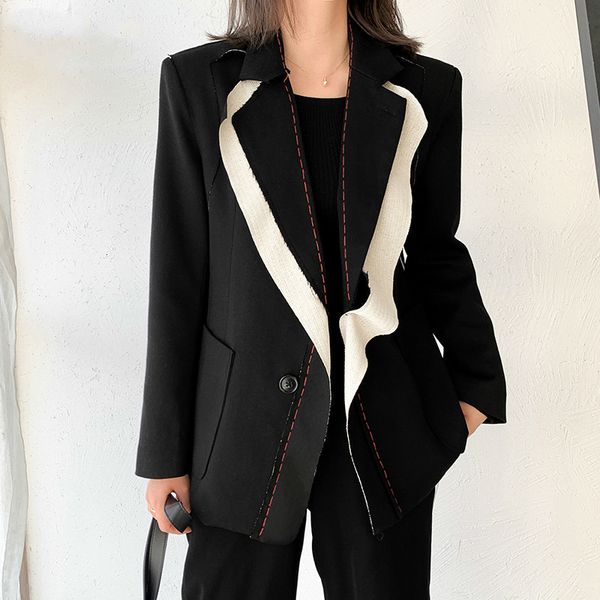 

women's suits & blazers [ewq] autumn women spliced hit color temperament blazer lapel long sleeve loose fit jacket fashion ladies offic, White;black