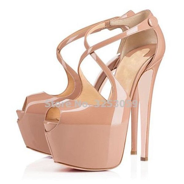 

almudena nude black red patent leather 16cm sky high heel pumps cross strap button platform dress shoes wedding stiletto heels