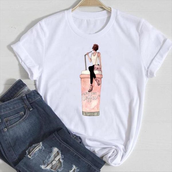 

short sleeve cartoon coffee funny women cute style summer tshirts fashion graphic t lady print tee shirt, White