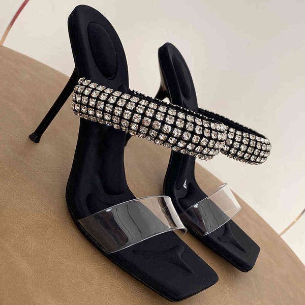 

aw high heels women's 2022 spring and summer new one-line belt pvc rhinestone square head open toe thin heel sandal, Black