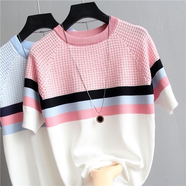 

shintimes plaid t shirt women striped tshirt knitted cotton korean t-shirt woman clothes tee shirt femme camisetas mujer 210315, White