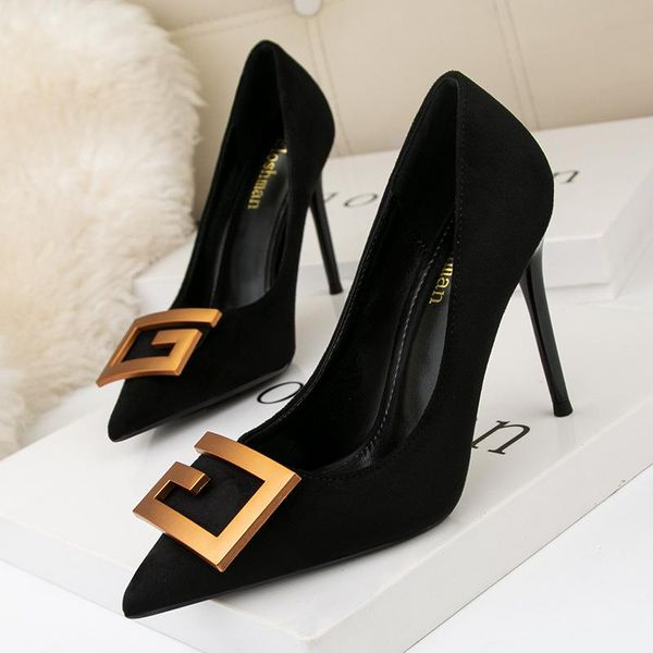 

dress shoes women fashion metal decoration shallow suede stiletto heels ladies office pointed black etiquette single banquet
