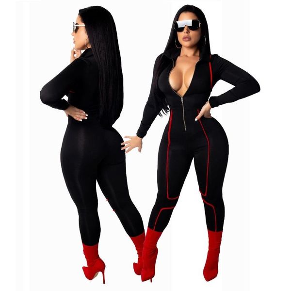 

women's jumpsuits & rompers winter zipper up color patchwork bodycon catsuits full sleeve turn down collar one piece bodysuit women clu, Black;white