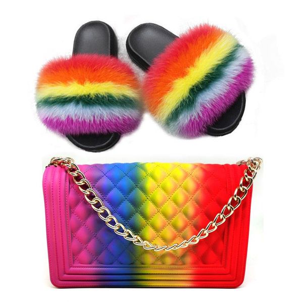 

slippers women shoes real fur rainbow colored cute travel color jelly bag set, Black