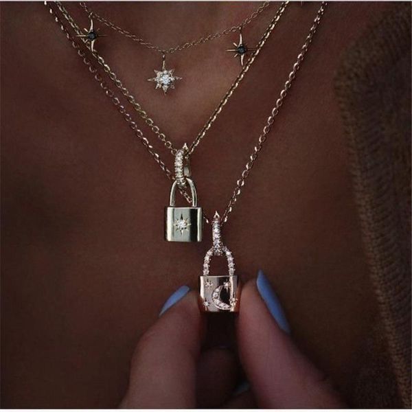 

pendant necklaces 2021 boho geometric crystal inlaid lock for women multilevel fashion star moon female necklace jewelry, Silver