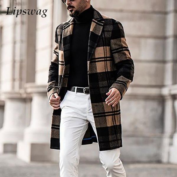 

men's wool & blends mens woolen vintage plaid printing coat winter warm fashion slim cardigan jacket men casual single-breasted coats s, Black