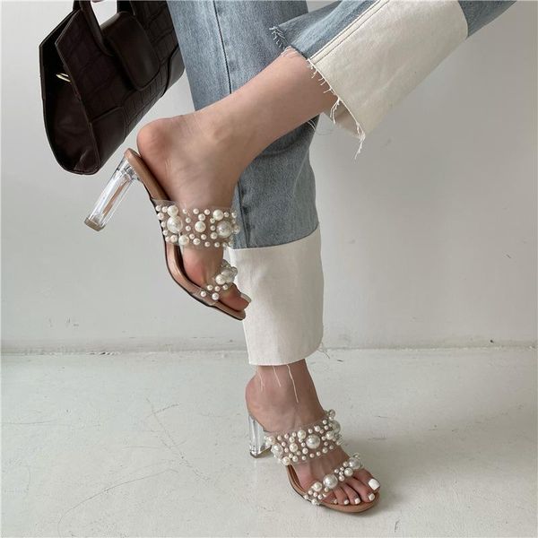 

slippers women shoes sandals drop pvc transparent strap pearl decoration summer open toe clear crystal high heels, Black