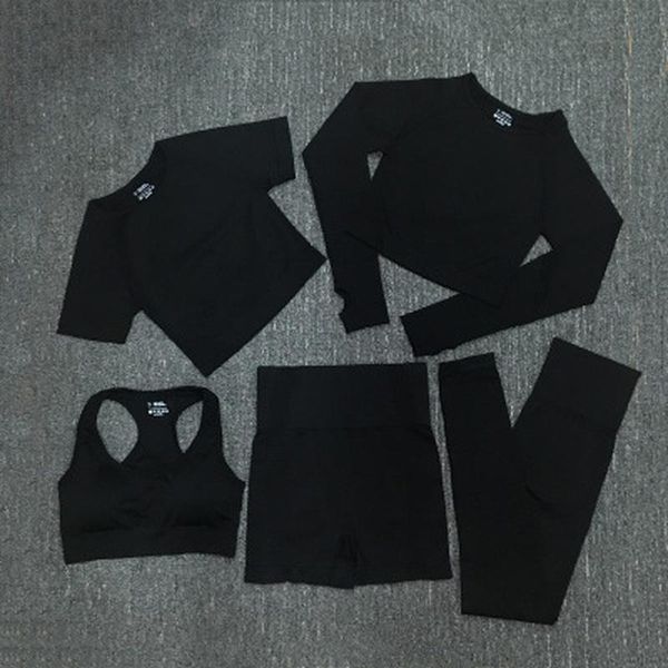 

seamless women 2/3/5pcs yoga set workout sportswear gym clothing fitness long sleeve crop high waist leggings sports suits, White;red