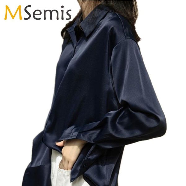 

women's blouses & shirts office ladies vintage chic button soft smooth satin blouse work women solid color turn-down collar full long, White