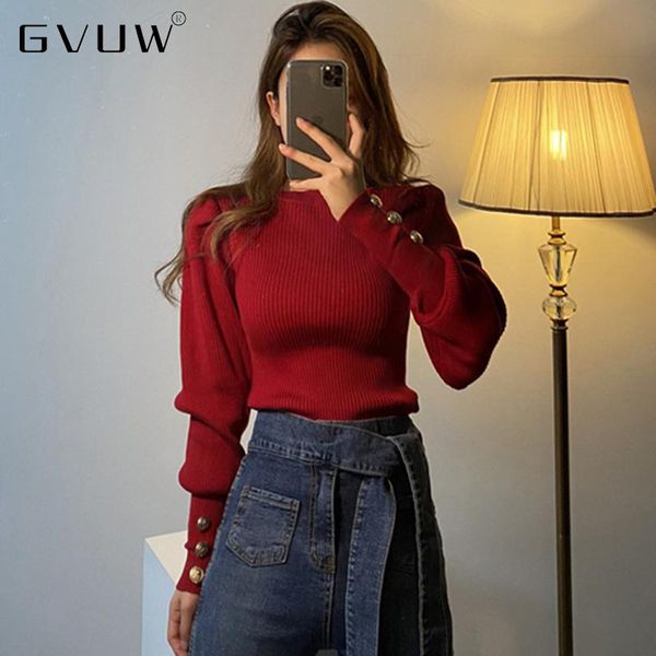 

women's sweaters gvuw lantern sleeve sweater, round neck, elastic, slim fitting, button, fashion, winter series, White;black