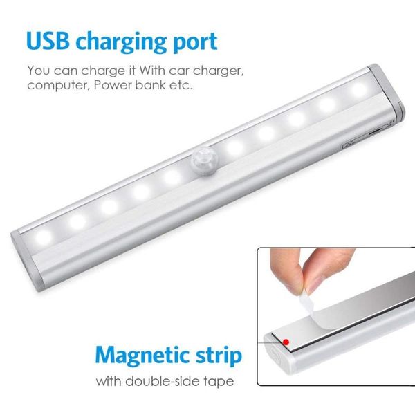 

usb rechargeable 10 led night light pir motion sensor light under cabinet wardrobe closet cupboard night lamp with magnetic