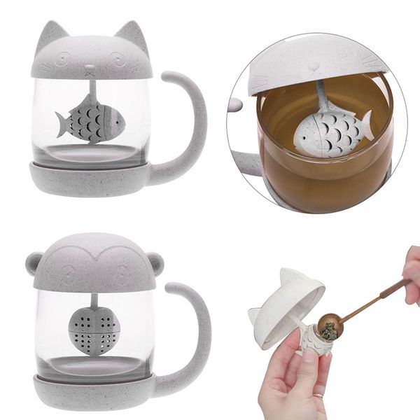 

new cute cat glass tea mug cup with fish tea infuser strainer filter office tea glass bottle 250ml