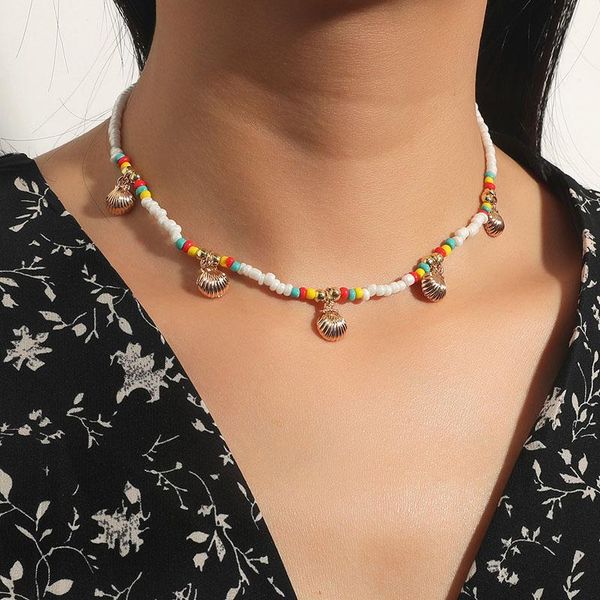

chokers boho female gold color metal shell pendant necklaces for women beach style white multicolor glass beads handmade beaded necklace, Golden;silver