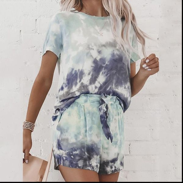 

women casual loose tie dye colorful clothing sets lady short sleeve pullover crew neck high waist drawstring shorts, Gray