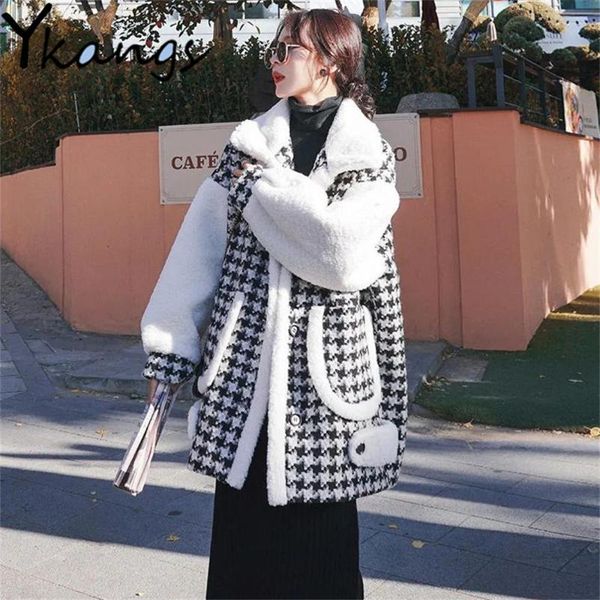 

women's wool & blends vintage thick warm woolen outerwear korean autumn winter imitation lamb velvet jacket harajuku elegant plus size, Black