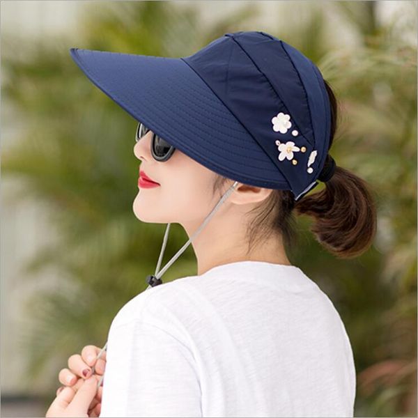 

new style empty summer big visor hat dmcm094 outdoor sunscreen ladies pearl sun hat caps wide brim hats, Blue;gray