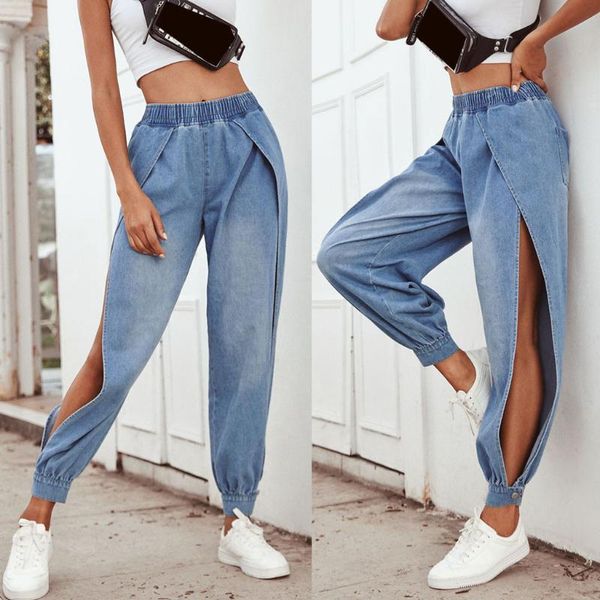 

womens jeans denim pants split legs denim sports pant loose pants female jeans high waist pants, Blue