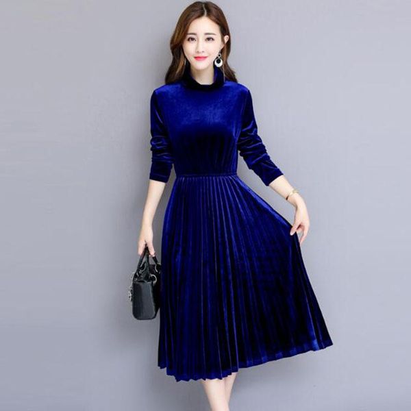 

casual dresses women gold velvet dress fashion spring autumn turtleneck plus size party long vintage pleated vestidos, Black;gray