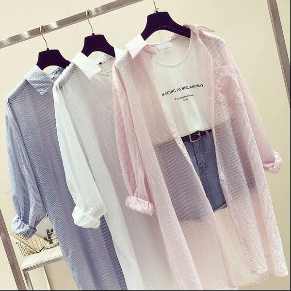 

dioufond chiffon long cardigan womens shirt blouse stripe long sleeve white transparent female blouses 2021 summer woman shirts