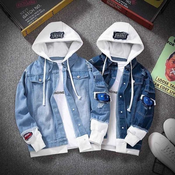 

2021 spring autumn hooded denim jacket men's hip hop jeans coat retro jean jacket street casual bomber jacket outerwear hoodies, Blue