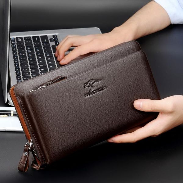 

wallets dual zippers wallet men's leather clutch bag carteira masculina couro big portefeuille homme business card holder, Red;black