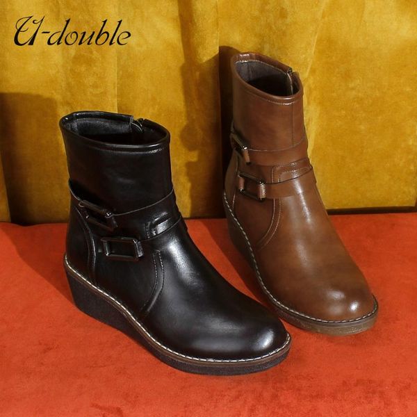 

boots u-double brand women winter black ankle short woman big size 2021 fashion autumn high heel flat shoes