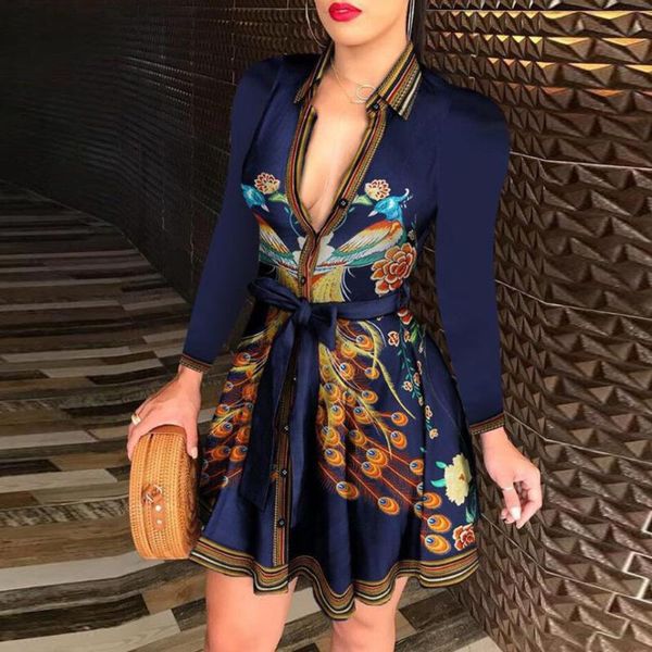 

casual dresses fashion womens dress deep v neck long sleeve peacock flowers print bandage mini club party vestidos, Black;gray