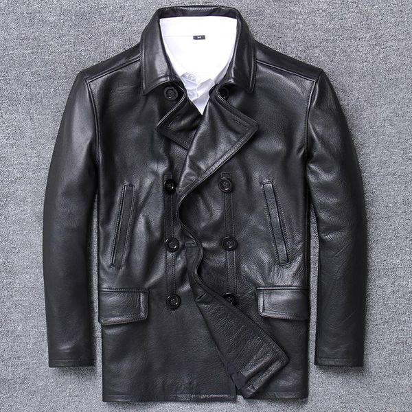 

men's leather & faux genuine clothing man's suit head layer cowhide jacket long loose windbreaker single fund leisure short motorc, Black