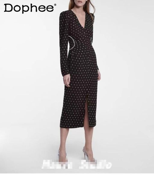

casual dresses rhinestone black velvet dress slim-fit slim waist slit puff long sleeve v-neck bodycon maxi women temperament party, Black;gray