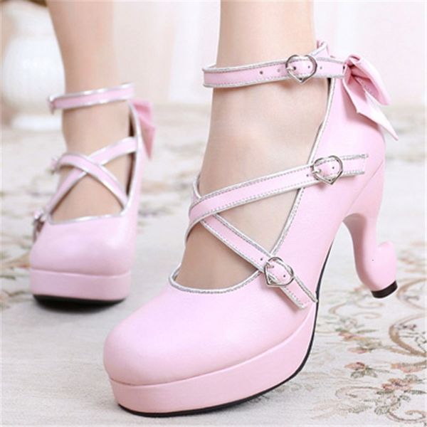 

high 9cm platform cross buckles graduation tea lolita table shoes round heels japanese bow kawaii anime cosplay 40 cb0i, Black