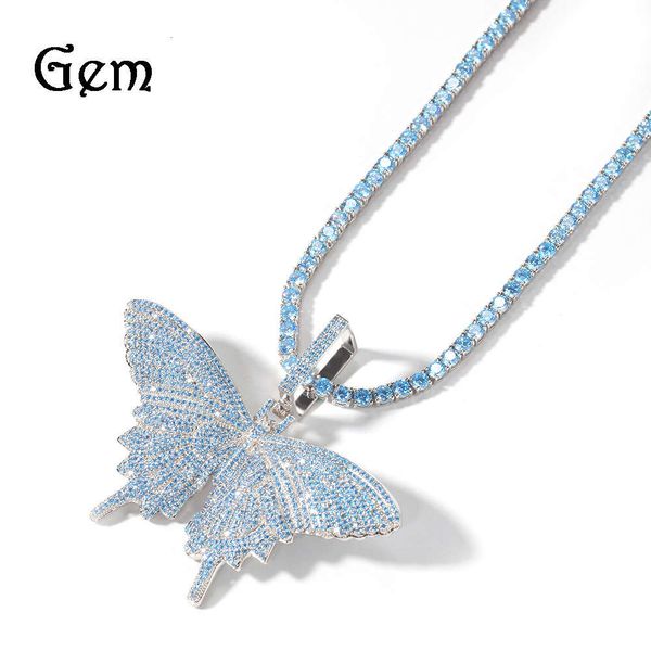 

ins sea blue zircon butterfly pendant personality hip hop jewelry, Silver