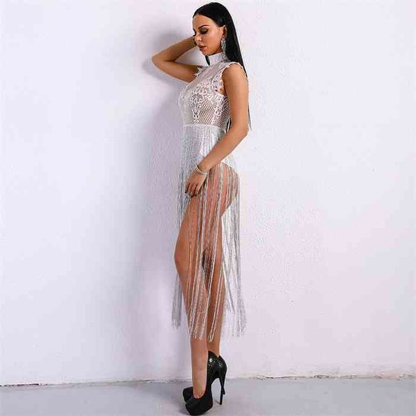 

ye2021 playsuits women overalls high neck sleeveless lace see through glitter tassel bodysuit vr8901, Black;white