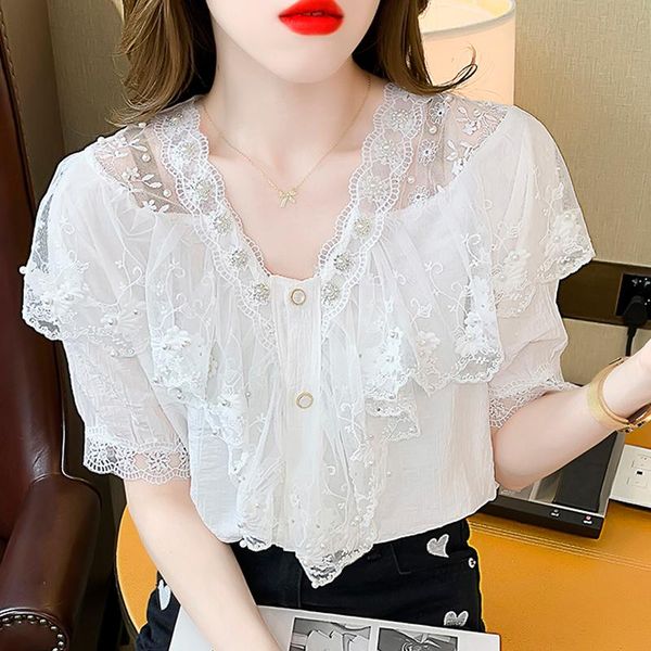 

women's blouses & shirts blouse female lace shirt short-sleeved beading 2021 fashion stitching v-neck button up harajuku 217b, White