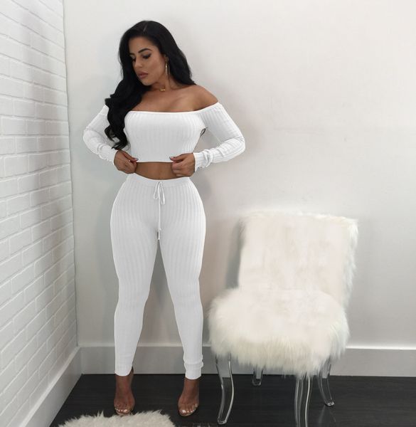 

women long sleeve crop full pants 2 piece set for female women off shoulder two pieces sets s  l xl xxl, White