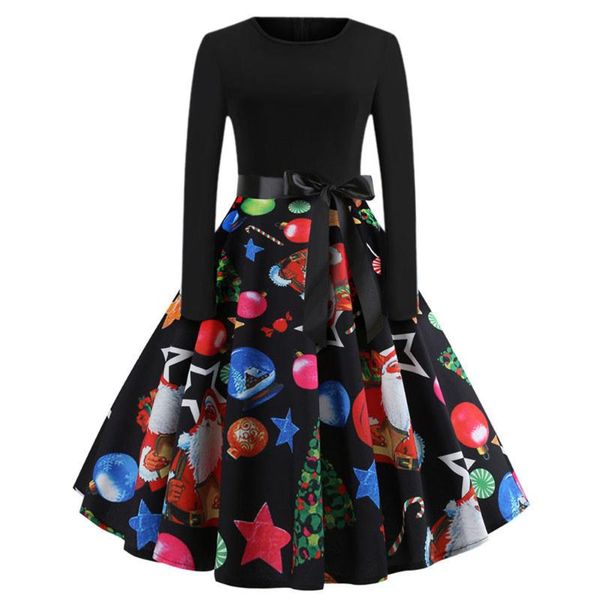 

casual dresses women dress christmas vintage print bow belt elegant evening party swing long sleeve autumn winter plus size, Black;gray