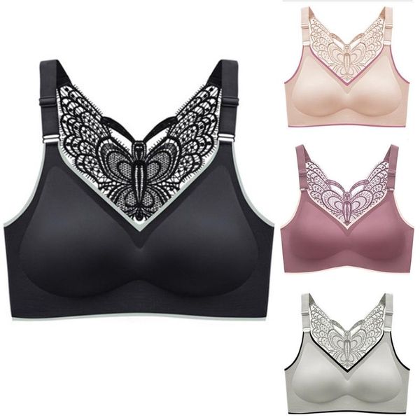 

bras women plus size seamless wire bra butterfly lace beauty back padded bralette push up v-neck underwear yoga sports vest, Red;black