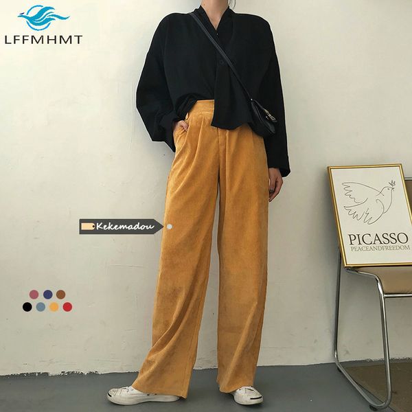 

2021 women spring autumn new fashion korean style retro classic corduroy wide leg office lady solid color drape slim trousers 9mqa, Black;white