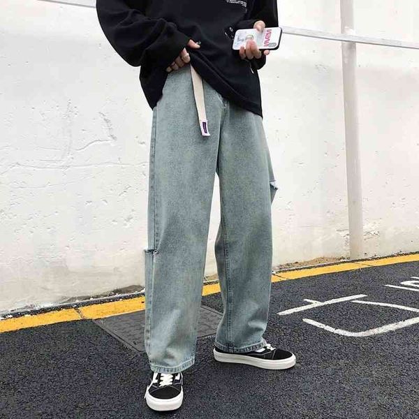 

hole jeans straight chic hong kong style men's korean fried high street hiphop pants fashion, Blue