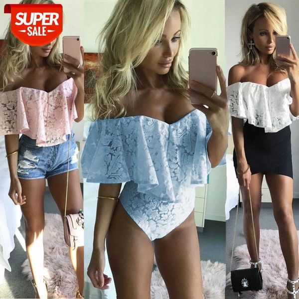 

Hirigin 2019 Brand New Women Ladies Summer Off Shoulder Bodysuit Lace Ruffles Lace V-neck Jumpsuit Leotard Tops Party Night #m60S, White